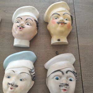 Set of 4 Vintage Chalkware Chef String Holders - Whistling Baker Kitchen Decor